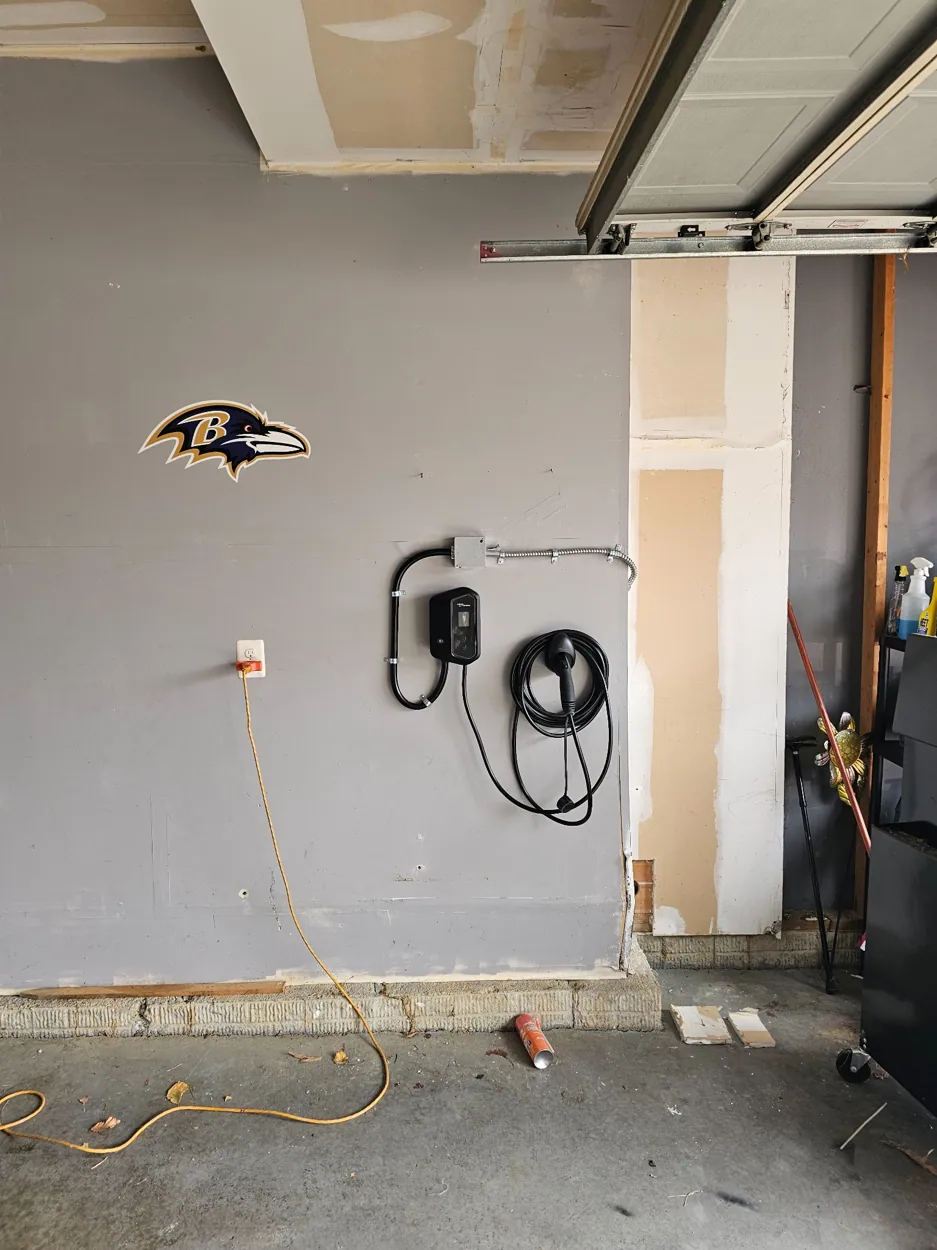 Actual customer EV charger installation in a garage, Edgewood Maryland