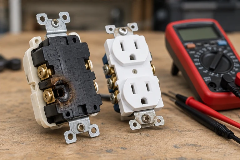 Illustration of a heat-damaged receptacle removed for examination next to a replacement receptacle and a meter.